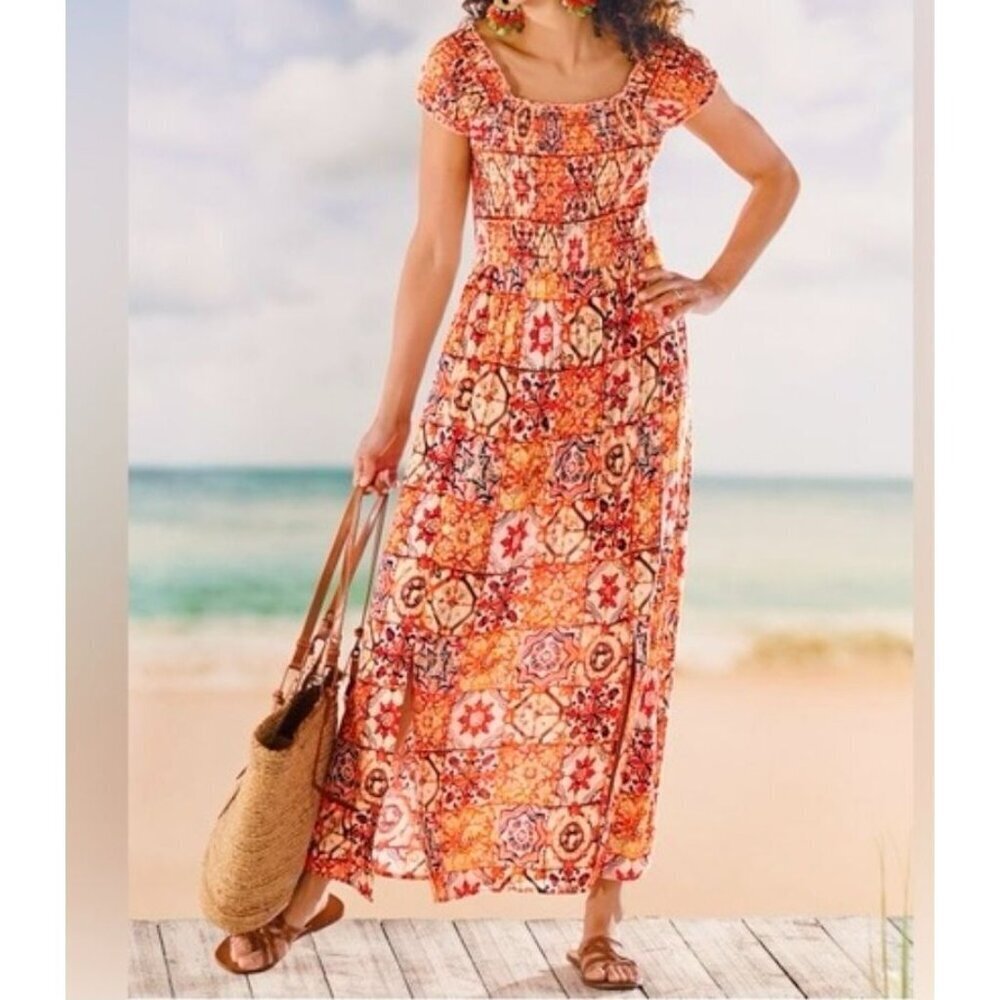 New Soft Surroundings Sasha Dress women M 10-12 Smocked Orange Floral Ecru